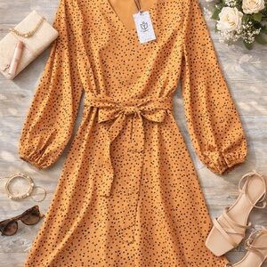 Andrée by Unit Orange Dalmatian Print Tie Waist V-Neck Long Sleeve Dress Small